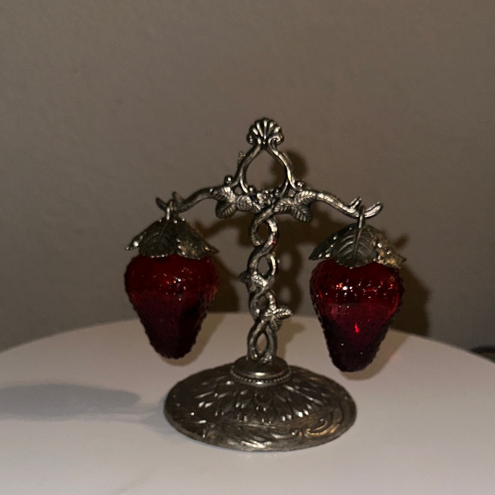 Vintage Glass Silver Strawberry Salt and Pepper Shakers